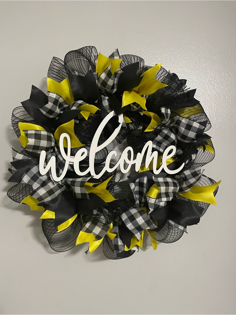 Welcome Yellow & Black Buffalo Check Decorative Wreath